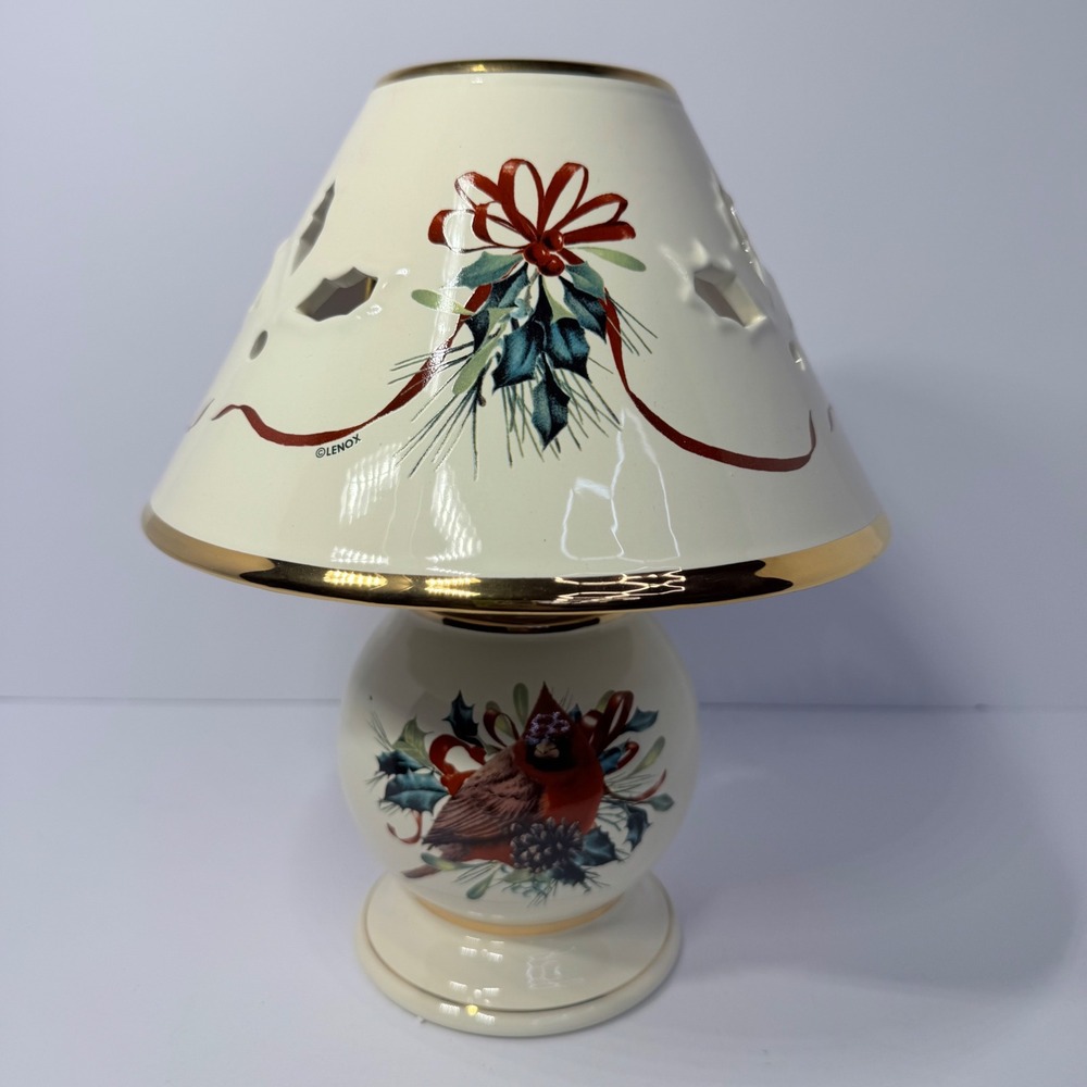Lenox Winter Greetings Candle Lamp Ivory China Cardinal Gold Trim Holiday Decor